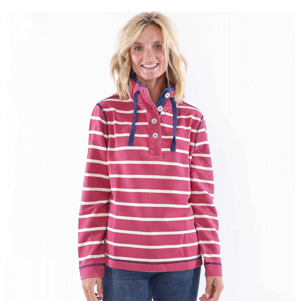 Cherry - Pack Shot - Lazy Jacks Womens-Ladies Striped Pique Sweatshirt