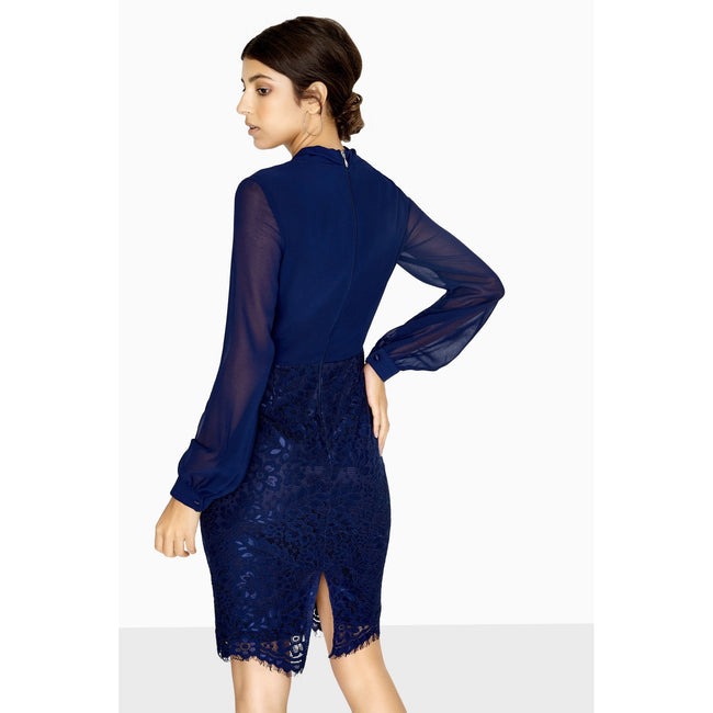 Navy - Back - Paper Dolls Womens-Ladies Vale Pussybow Lace Skirt Dress
