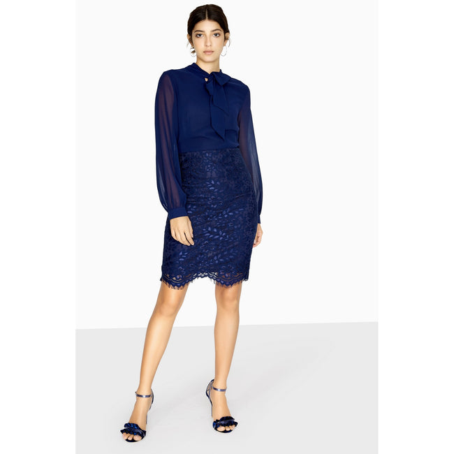 Navy - Side - Paper Dolls Womens-Ladies Vale Pussybow Lace Skirt Dress