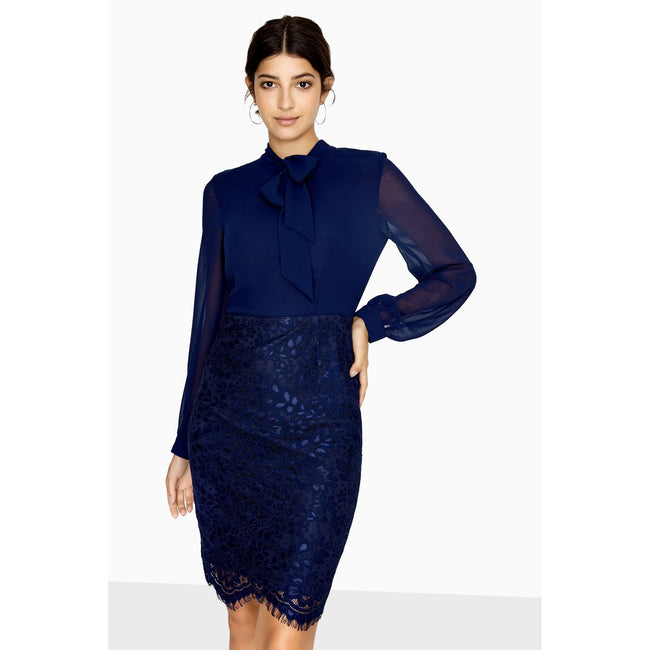Navy - Front - Paper Dolls Womens-Ladies Vale Pussybow Lace Skirt Dress