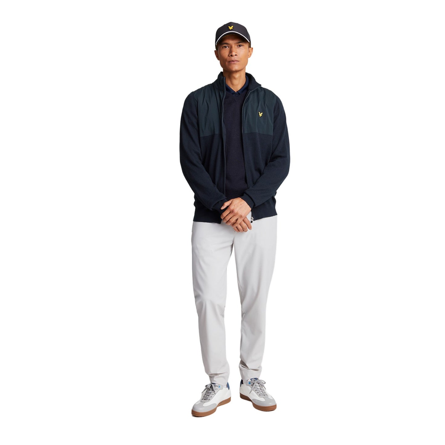 Dark Navy - Side - Lyle & Scott Mens Overlay Knitted Full Zip Golf Jacket