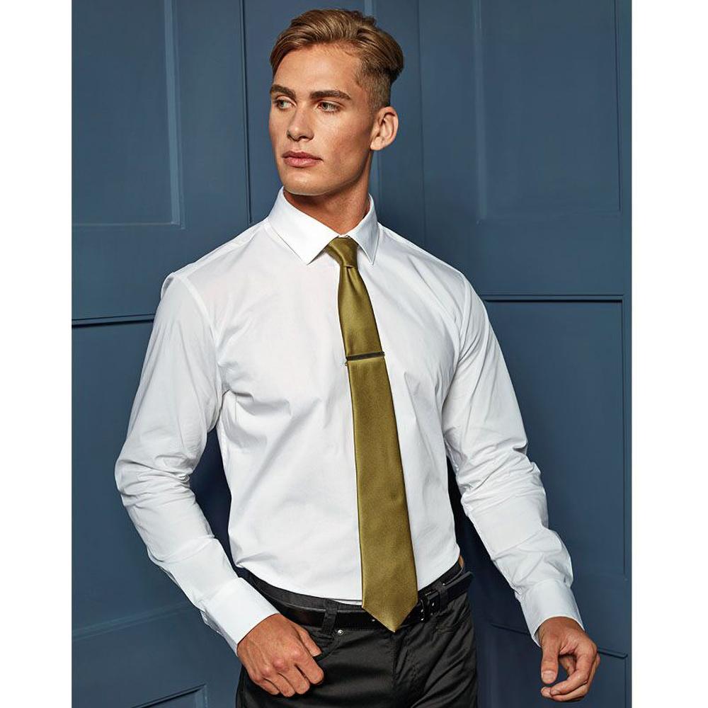 White - Close up - Premier Mens Stretch Fit Poplin Long Sleeve Shirt