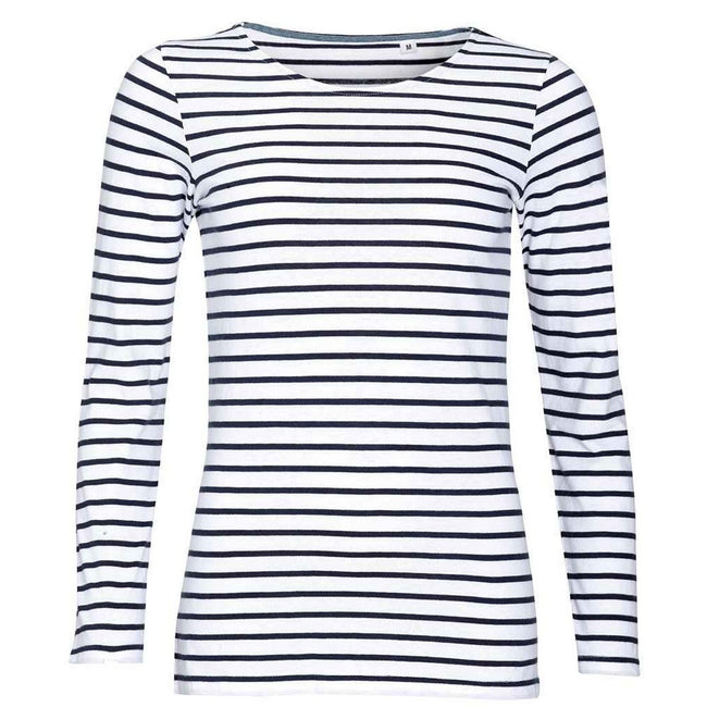 White-Navy - Front - SOLS Womens-Ladies Marine Striped Long-Sleeved T-Shirt