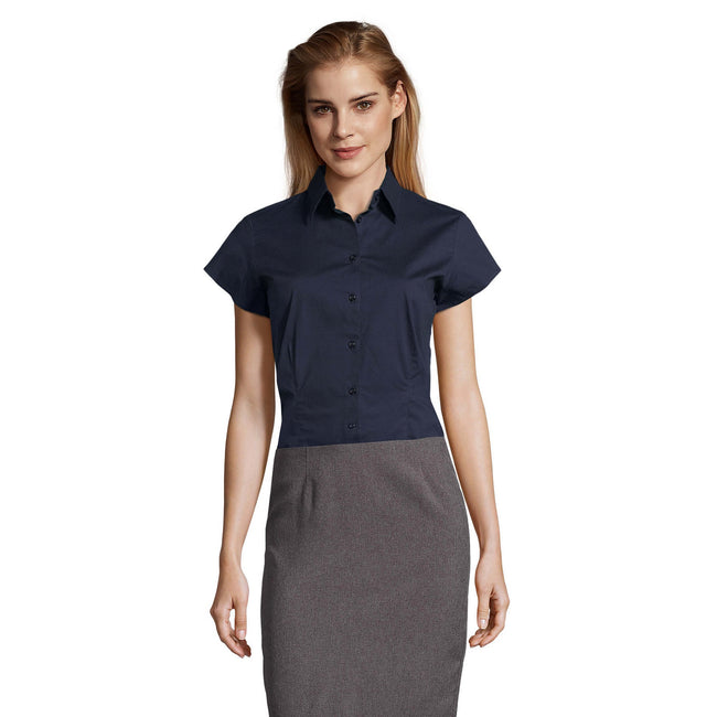 Dark Blue - Front - SOLS Womens-Ladies Excess Stretch Short-Sleeved Blouse