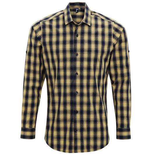 Camel-Navy - Front - Premier Mens Mulligan Checked Cotton Long-Sleeved Shirt