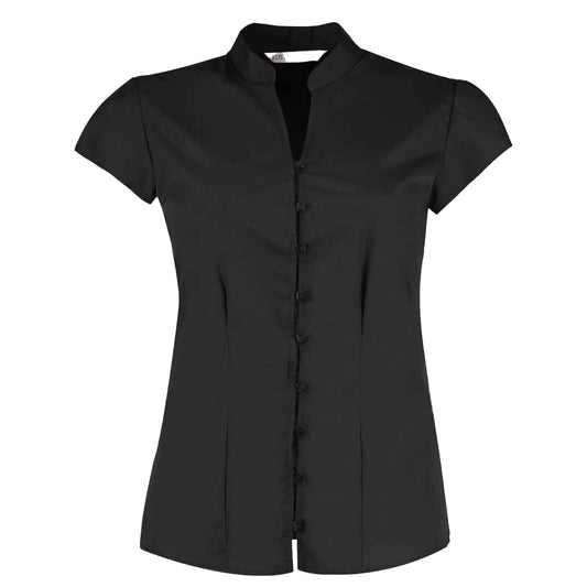Black - Front - Kustom Kit Womens-Ladies Poplin Mandarin Collar Tailored Capped Sleeved Blouse
