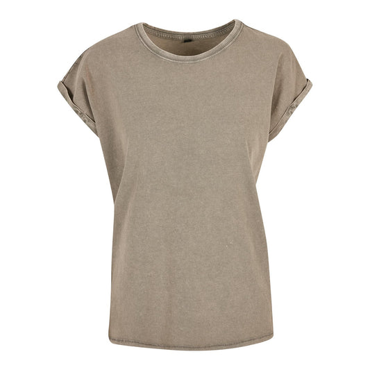 Dark Khaki - Front - Build Your Brand Womens-Ladies Acid Wash Extended Shoulder T-Shirt