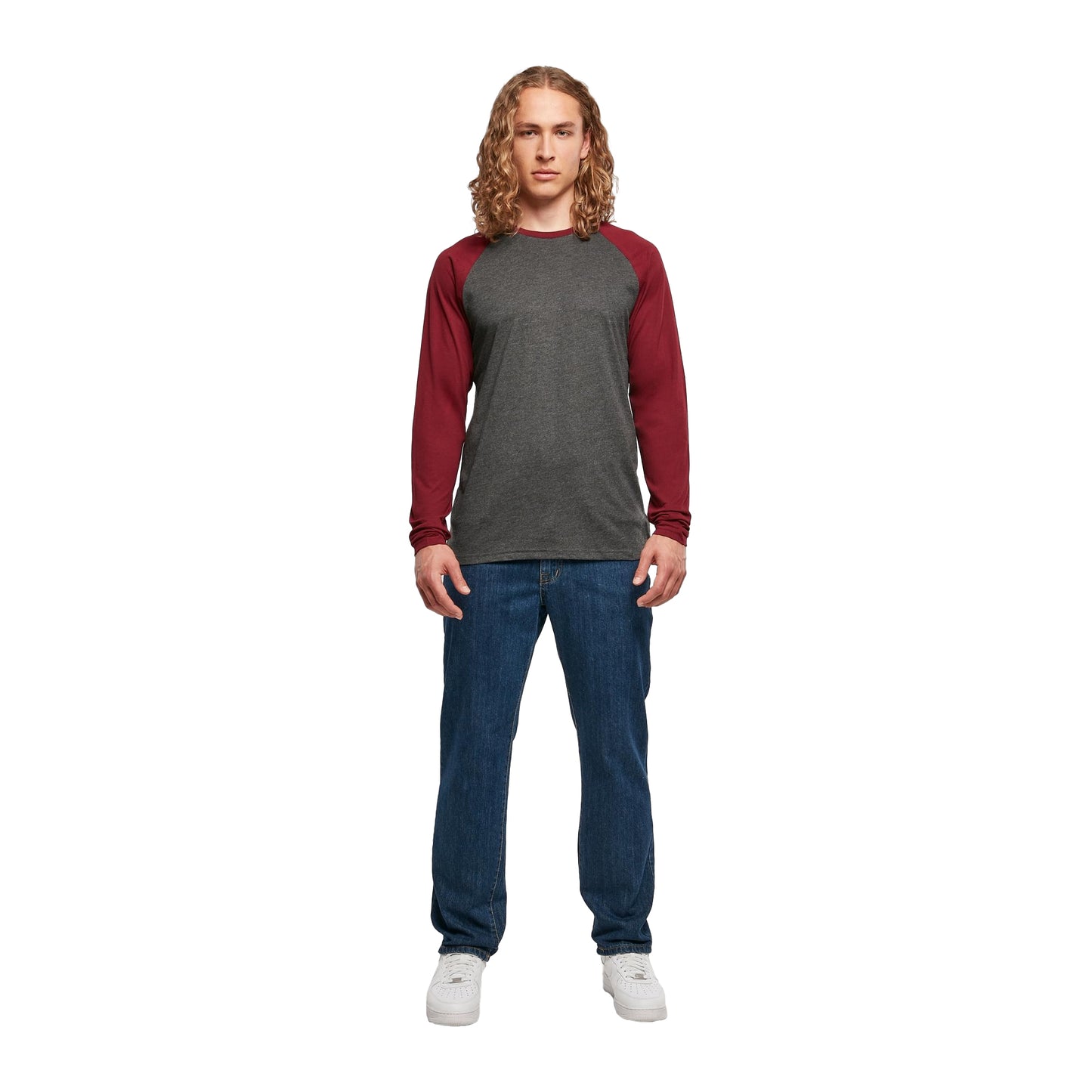 Charcoal-Cherry - Side - Build Your Brand Mens Contrast Raglan Long-Sleeved T-Shirt