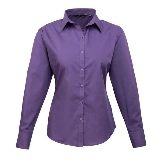 Purple - Front - Premier Womens-Ladies Poplin Long-Sleeved Blouse