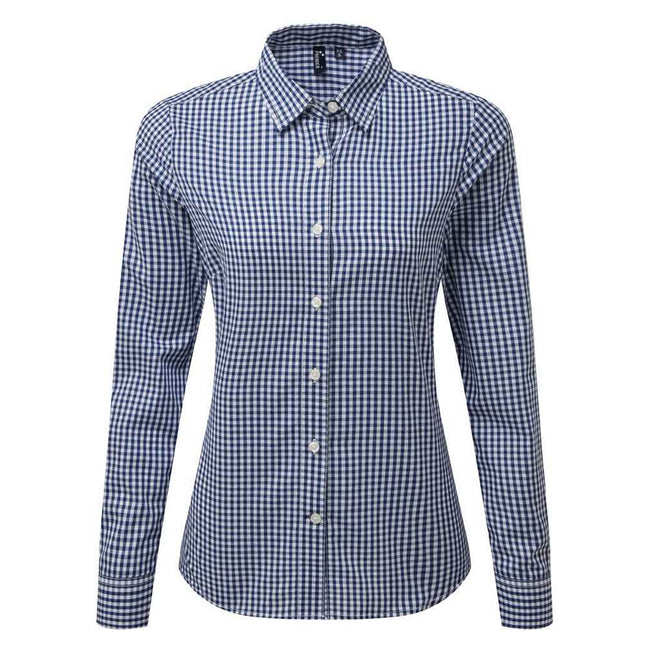 Navy-White - Front - Premier Womens-Ladies Maxton Checked Long-Sleeved Shirt