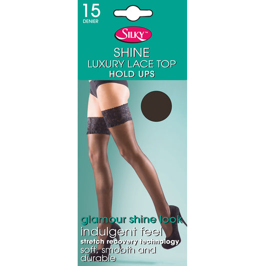 Barely Black - Front - Silky Womens-Ladies Shine Lace Top Hold Ups (1 Pair)