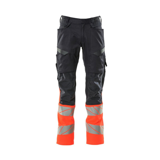 Dark Navy-Hi Vis Red - Front - Mascot Mens Accelerate Safe Hi-Vis Knee Pad Pockets Work Trousers