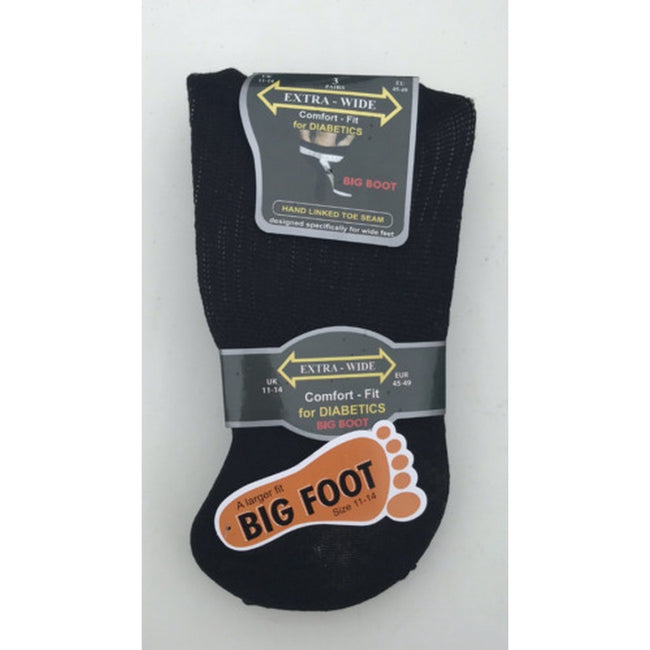Black - Back - Mens Extra Wide Comfort Fit Wide Feet Diabetic Socks (3 Pairs)