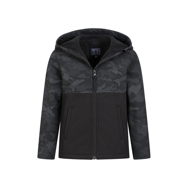Black Camo - Pack Shot - Mountain Warehouse Childrens-Kids Exodus Camouflage Soft Shell Jacket