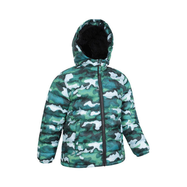 Green - Lifestyle - Mountain Warehouse Childrens-Kids Seasons Camo Faux Fur Lined Padded Jacket