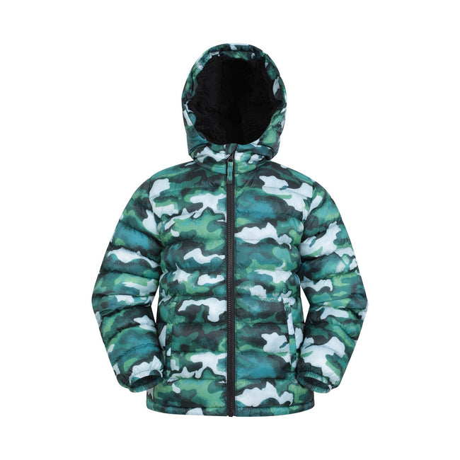 Green - Front - Mountain Warehouse Childrens-Kids Seasons Camo Faux Fur Lined Padded Jacket