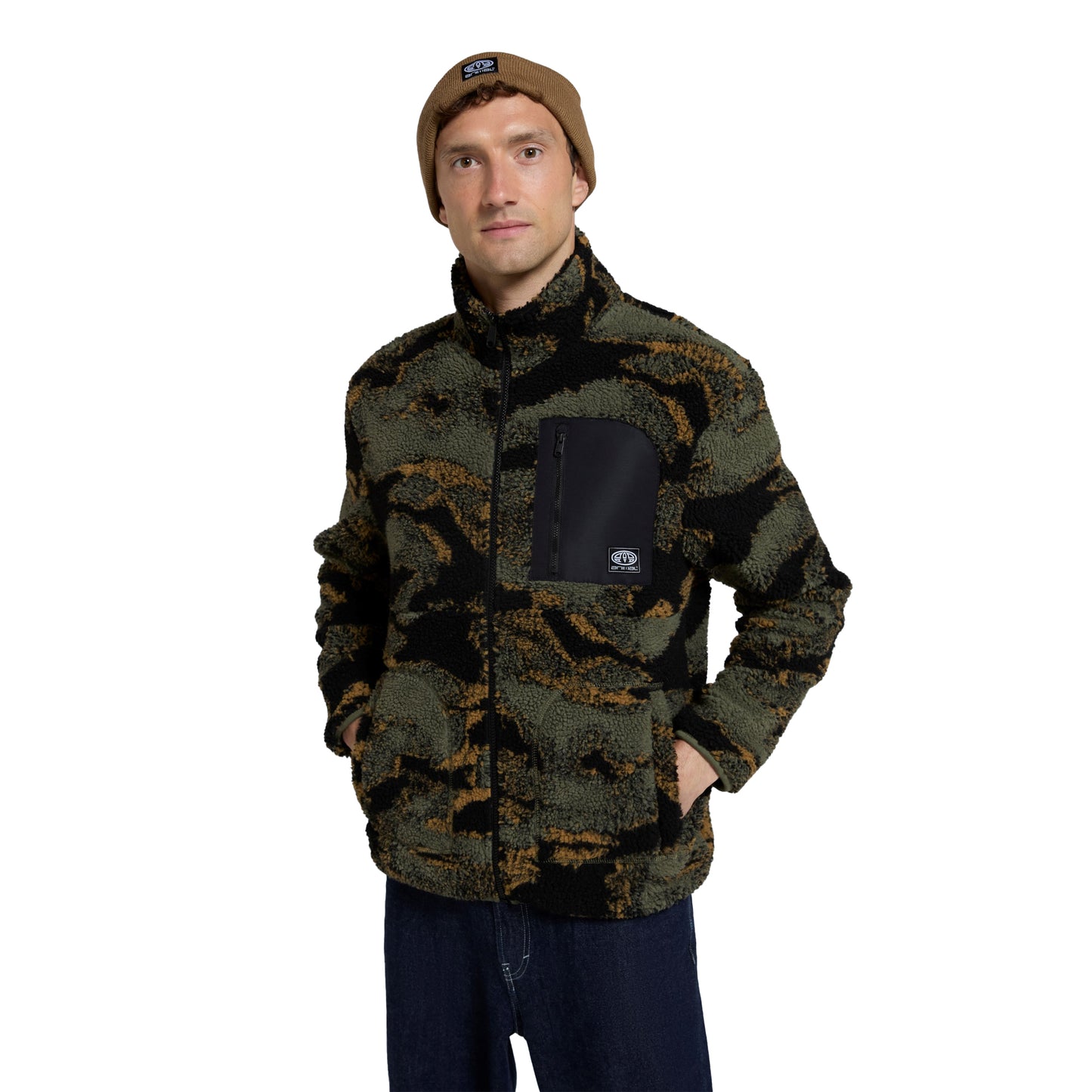 Dark Khaki - Side - Animal Mens Hennie Printed Borg Jacket