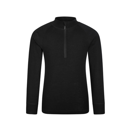 Black - Front - Mountain Warehouse Childrens-Kids Merino Blend Half Zip Base Layer Top