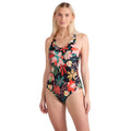 Black - Side - Animal Womens-Ladies Mia Leafy Floral Cross Back One Piece Swimsuit
