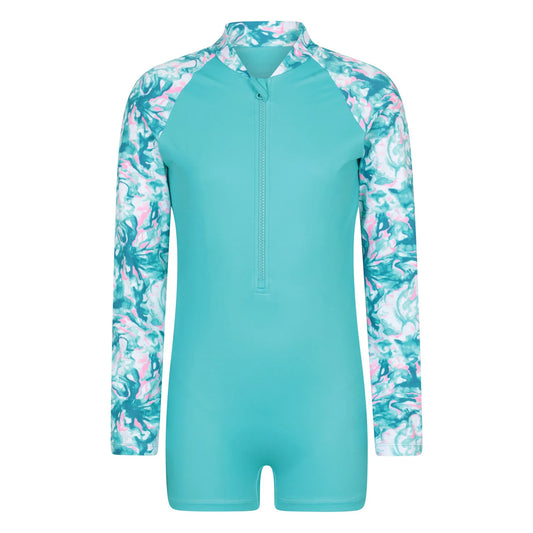 Turquoise - Front - Mountain Warehouse Childrens-Kids Mira Marble Effect Long-Sleeved Rash Guard