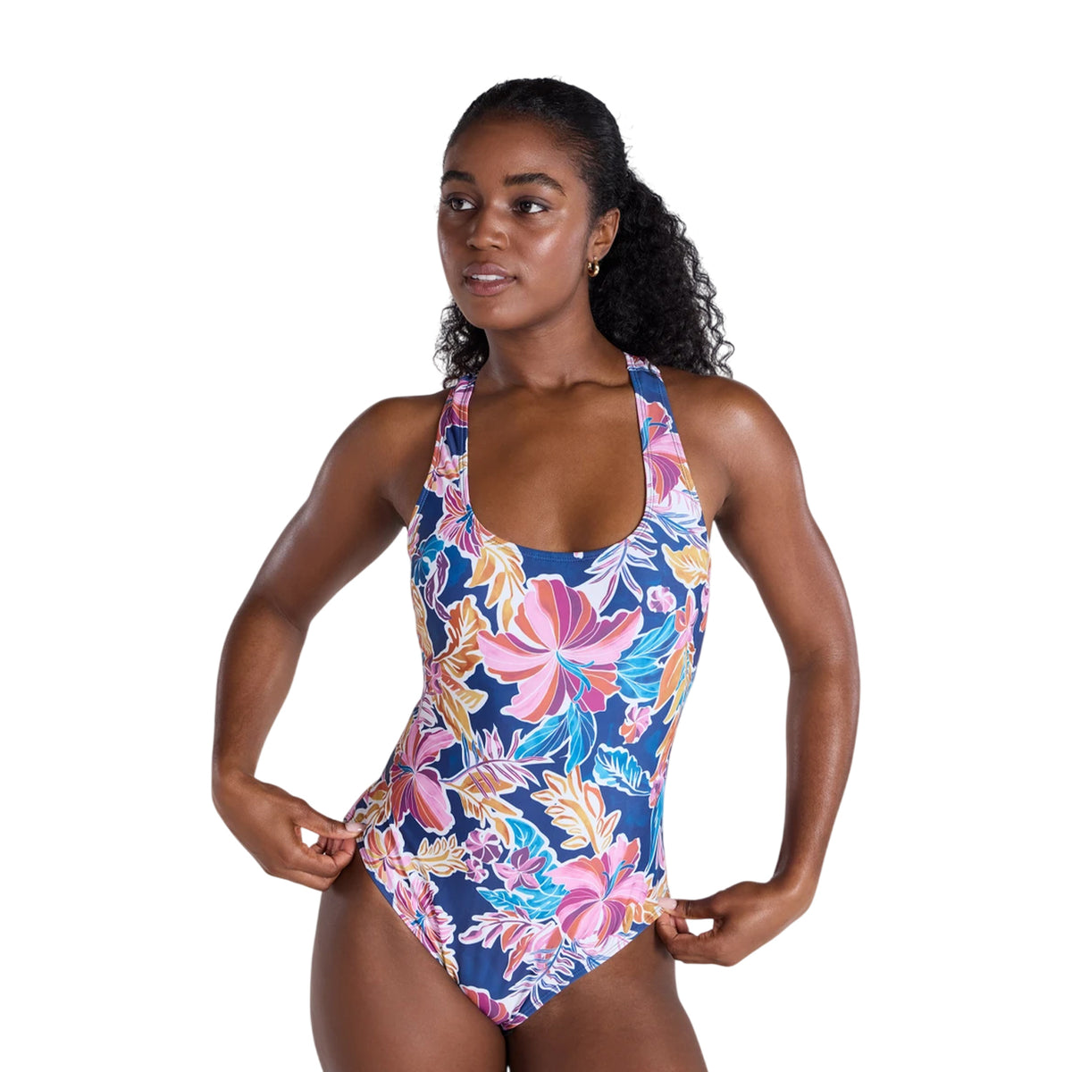 Navy - Close up - Animal Womens-Ladies Mia Cross Back One Piece Swimsuit
