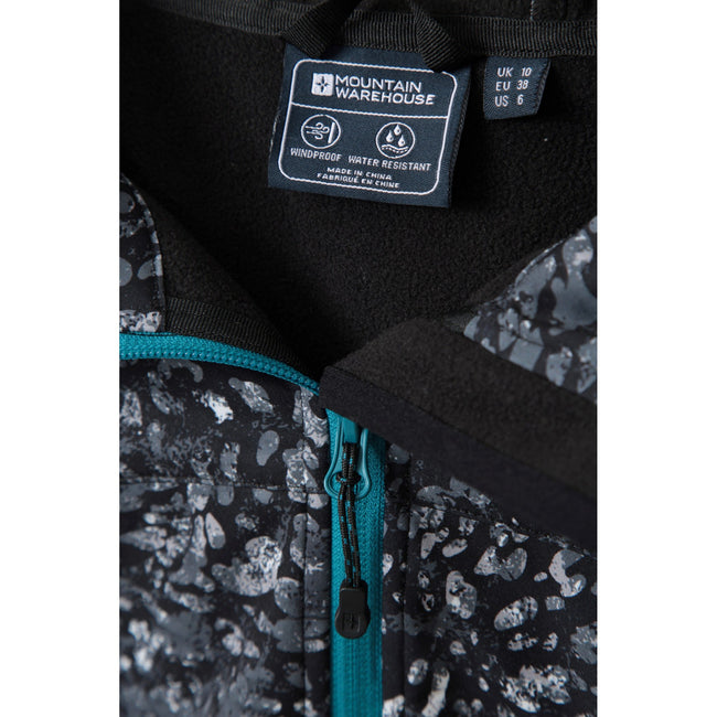 Black - Close up - Mountain Warehouse Womens-Ladies Exodus Animal Print Water Resistant Soft Shell Jacket