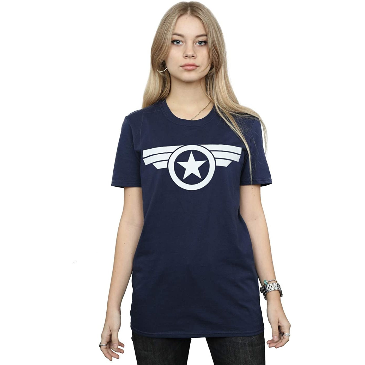 Navy - Side - Captain America: Super Soldier Womens-Ladies Logo T-Shirt