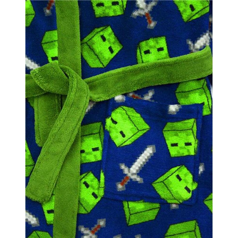 Blue-Green - Close up - Minecraft Boys Zombie Steve And Sword Dressing Gown