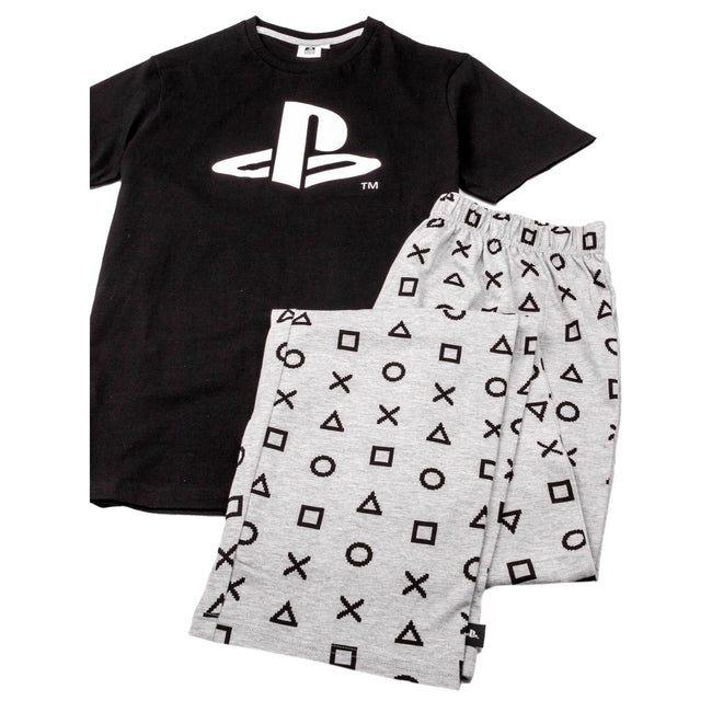 Black-Grey - Close up - Playstation Mens Logo Long Pyjama Set