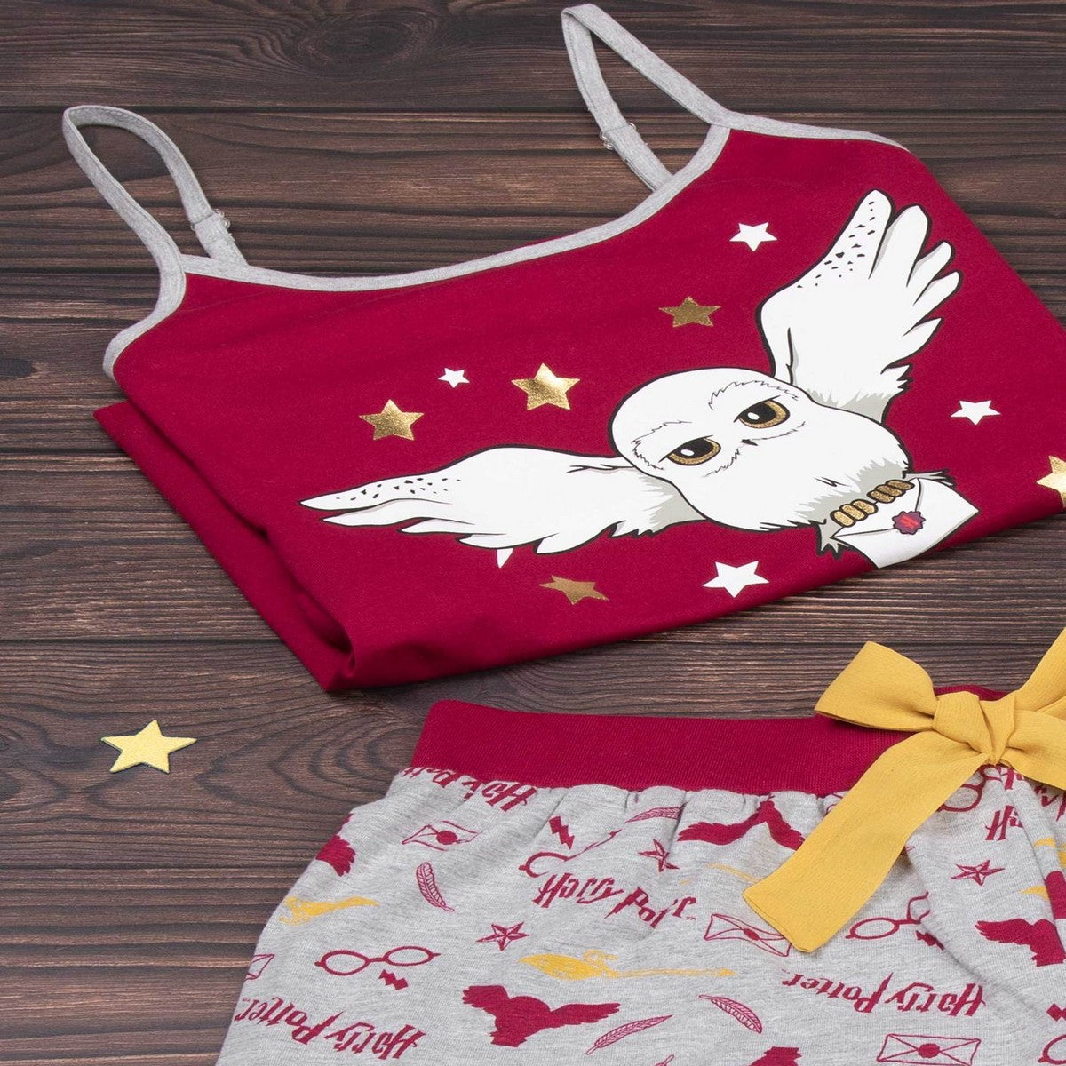 Grey-Burgundy - Pack Shot - Harry Potter Womens-Ladies Hedwig Short Pyjama Set