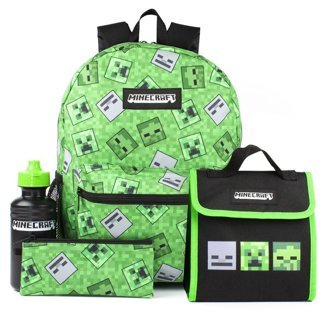 Vivid Green-Black - Front - Minecraft Childrens-Kids Creeper Backpack Set (Pack Of 4)