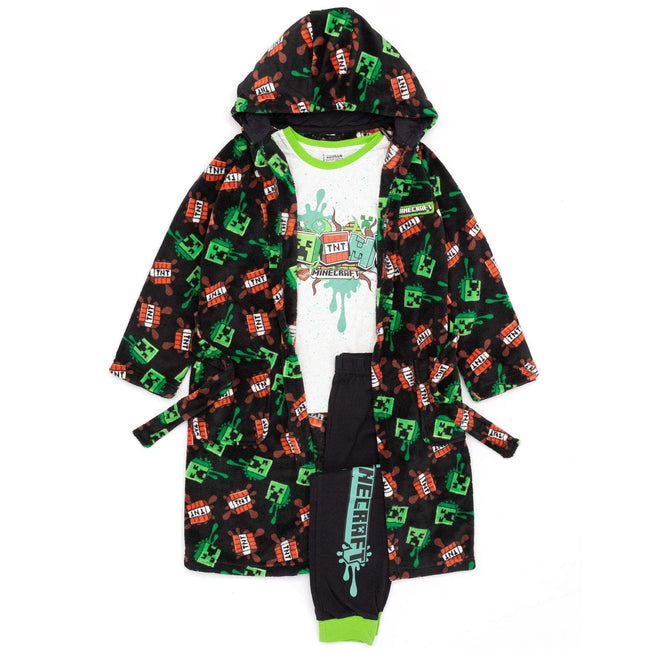 White-Black-Green - Side - Minecraft Childrens-Kids Boom! Dressing Gown & Pyjama Set