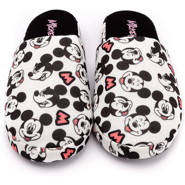 White-Black-Pink - Side - Mickey Mouse Womens-Ladies All Over Logo Slippers