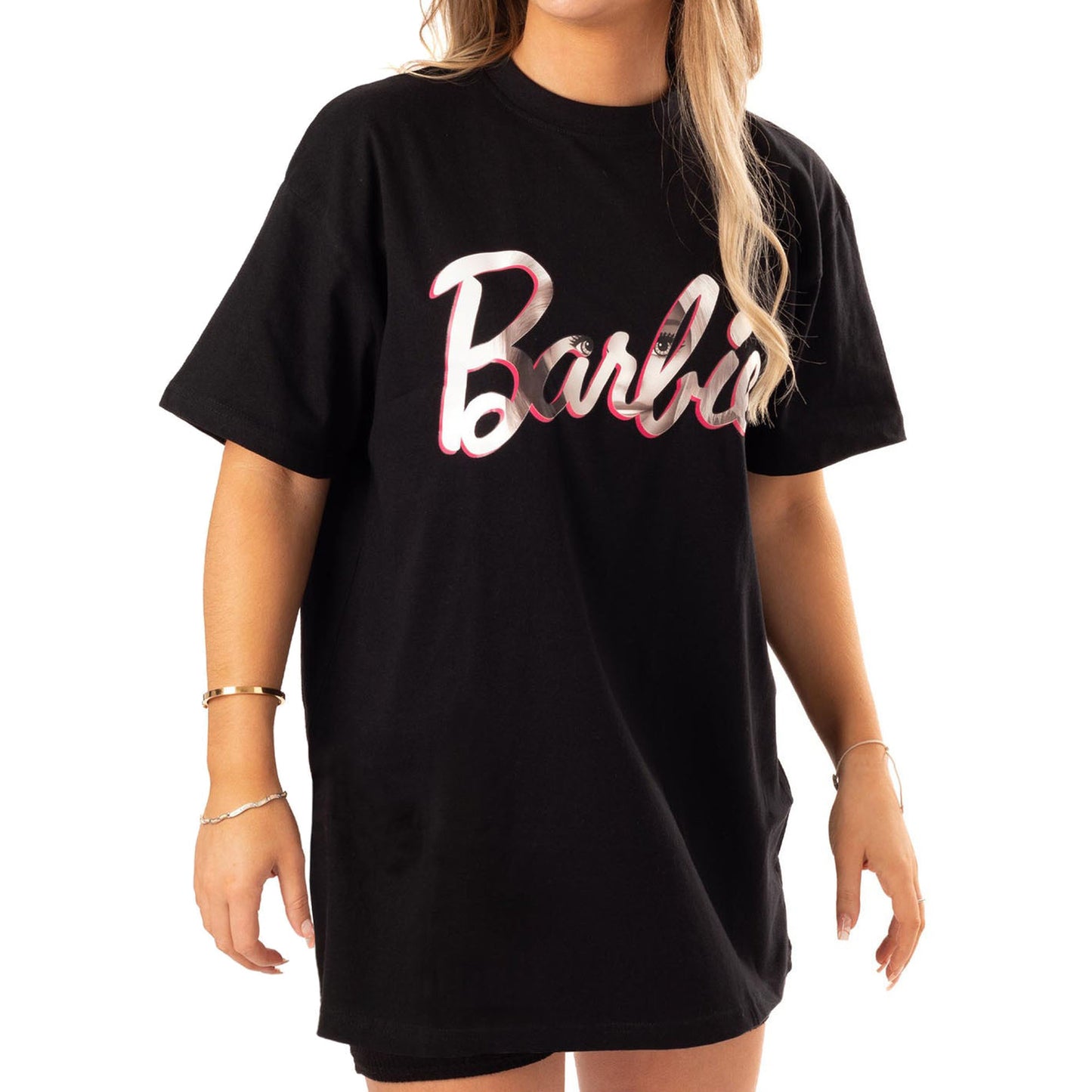 Black-Pink - Close up - Barbie Womens-Ladies Oversized T-Shirt