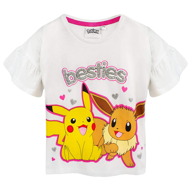 White-Pink-Yellow - Side - Pokemon Girls Besties Pikachu & Eevee Frill Short Pyjama Set