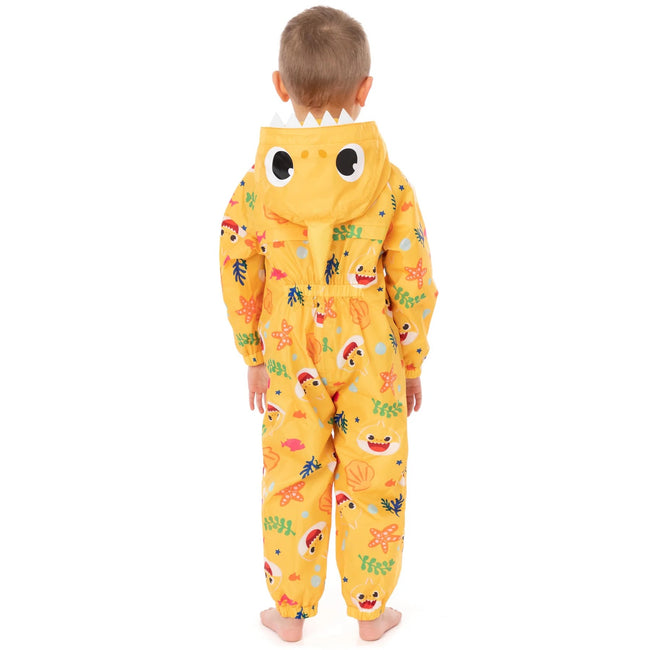 Yellow - Back - Baby Shark Childrens-Kids 3D Teeth Puddle Suit