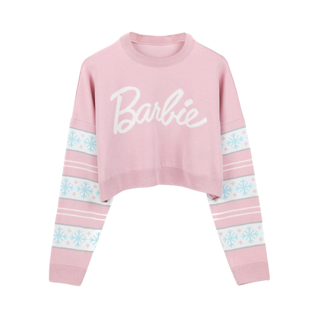 Pink-White - Front - Barbie Womens-Ladies Logo Cropped Jumper