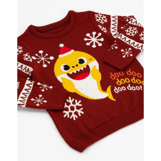 Maroon - Side - Baby Shark Childrens-Kids Knitted Christmas Jumper