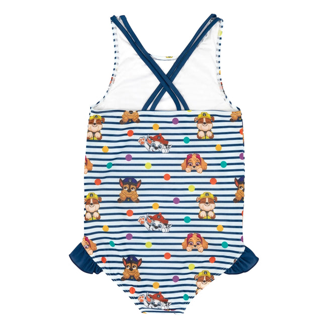 Navy-White - Back - Paw Patrol Girls Striped One Piece Swimsuit