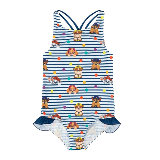 Navy-White - Front - Paw Patrol Girls Striped One Piece Swimsuit