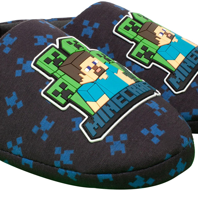 Navy Blue - Side - Minecraft Boys Creeper Slippers