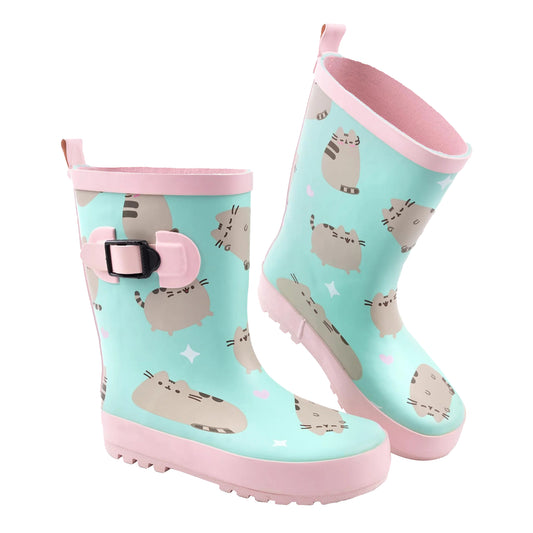 Pastel Mint-Pink - Front - Pusheen Girls Repeat Print Wellington Boots
