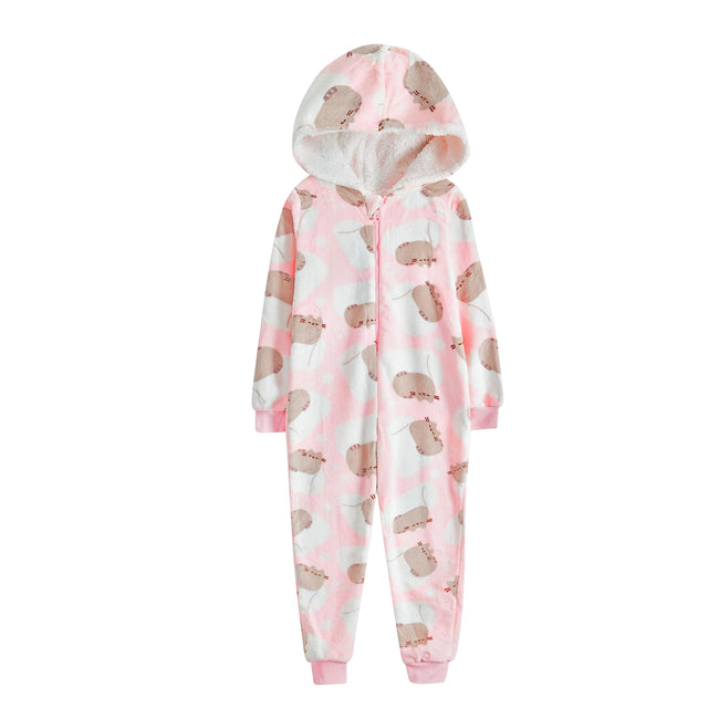 Light Pink-White - Front - Pusheen Girls All-Over Print Sleepsuit