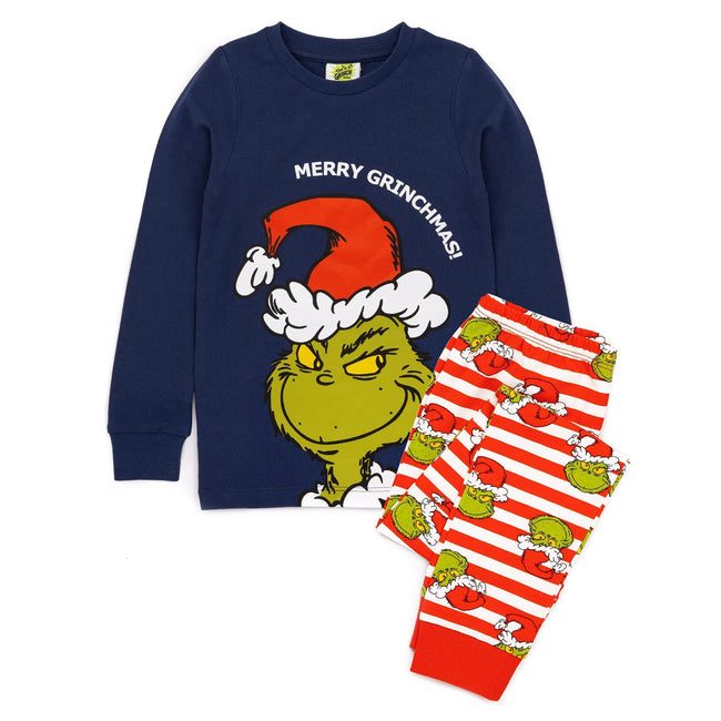 Blue-Red-White - Front - The Grinch Childrens-Kids Slim Christmas Long Pyjama Set