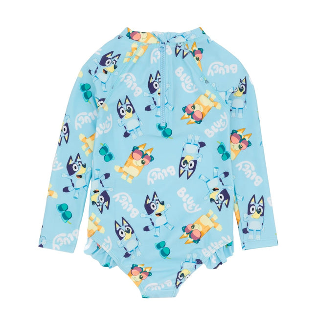 Pastel Blue-Pink-White - Back - Bluey Girls One Piece Swimsuit