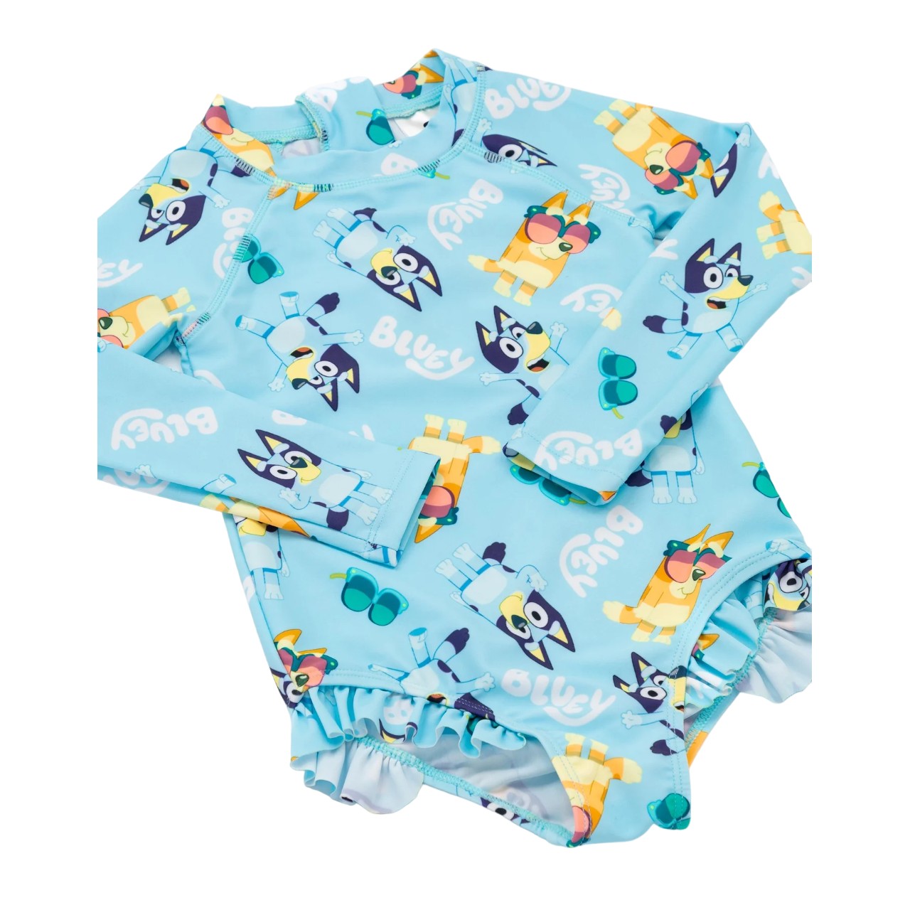 Pastel Blue-Pink-White - Side - Bluey Girls One Piece Swimsuit