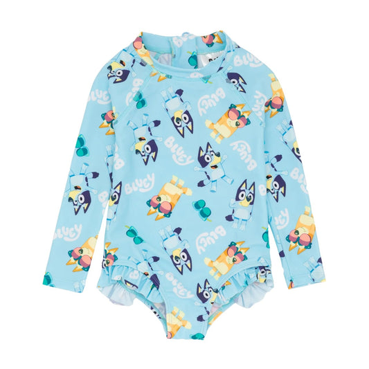 Pastel Blue-Pink-White - Front - Bluey Girls One Piece Swimsuit