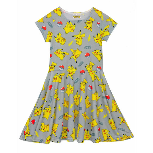 Grey - Front - Pokemon Girls Pikachu Short-Sleeved Skater Dress
