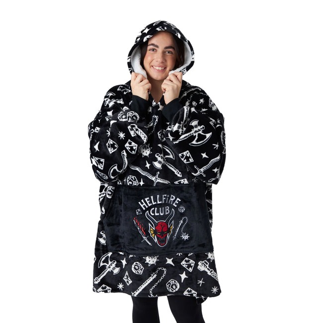 Black-White - Side - Stranger Things Unisex Adult Hellfire Club Hoodie Blanket