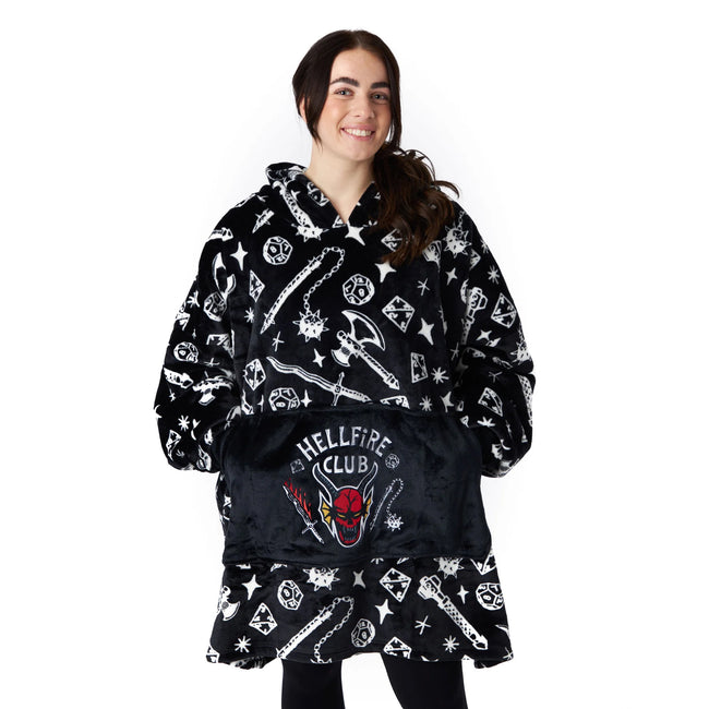 Black-White - Front - Stranger Things Unisex Adult Hellfire Club Hoodie Blanket
